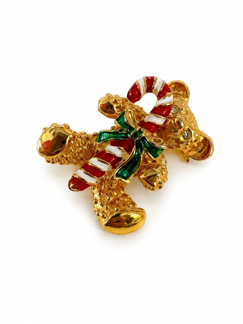 Vintage Gold Tone Teddy Bear Christmas Brooch Pin Candy Cane Holiday Rhinestones